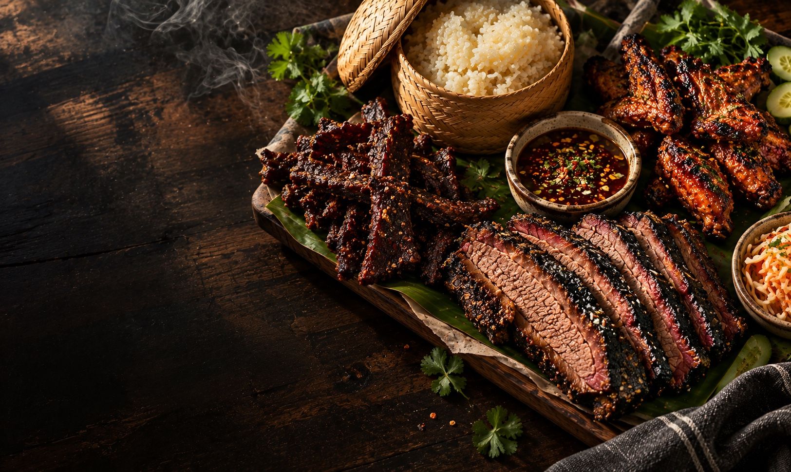 Sliced smoked brisket, Lao beef jerky, grilled wings, a woven basket of sticky rice and a bowl of jaew
